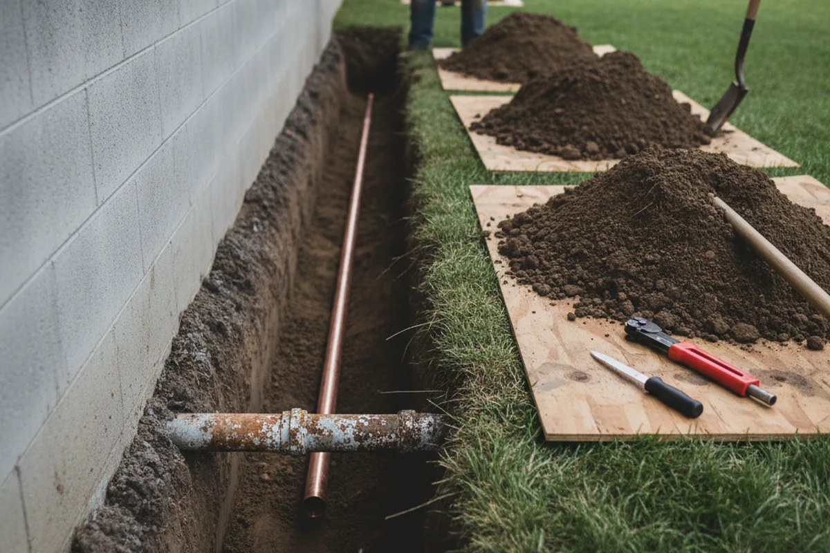 Excavated water line trench during Water Softener Installation in Smyrna